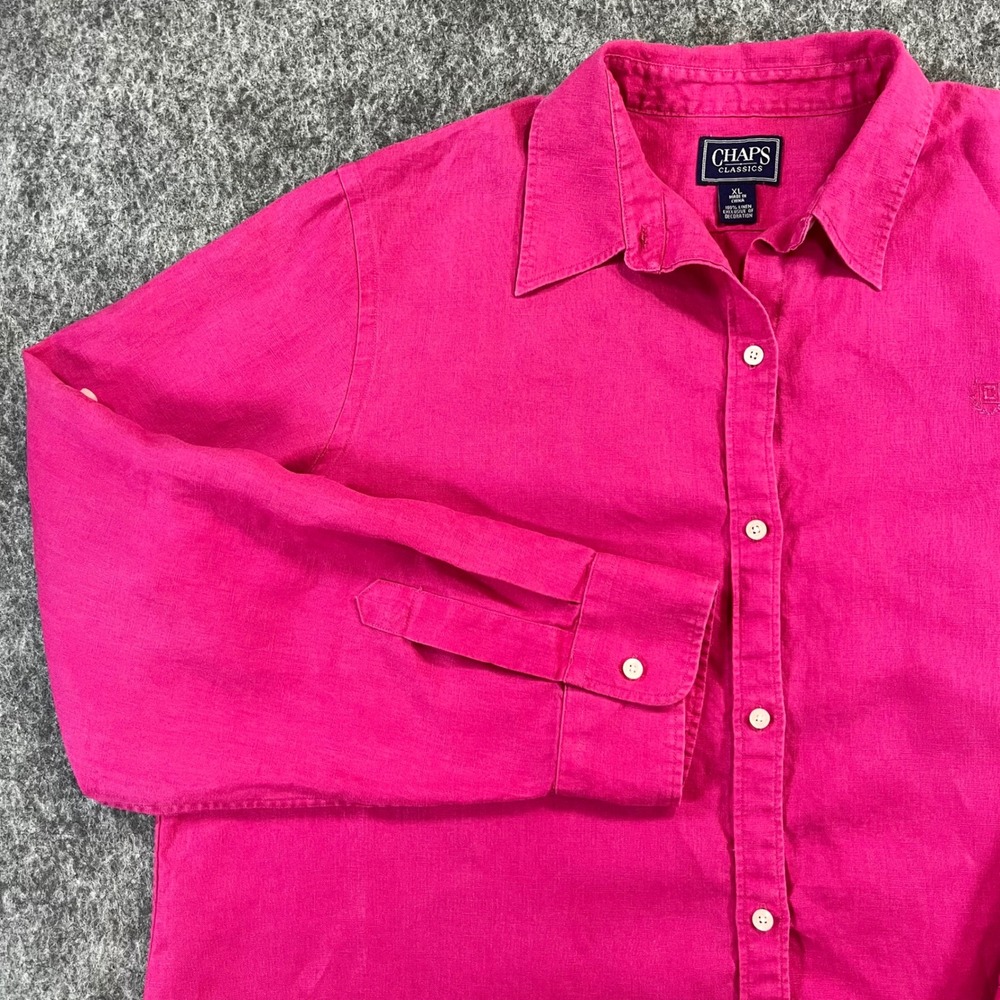 Chaps 100% Linen Button Down Shirt Womens XL Pink Roll Tab Sleeve Chic Classic